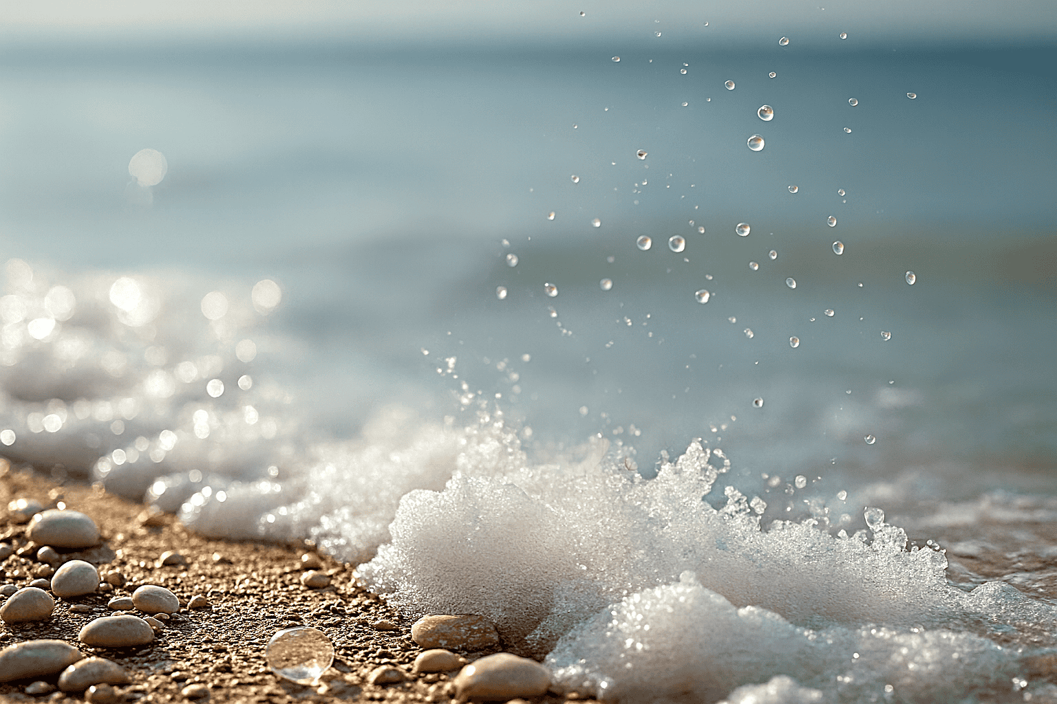Seichte Wellen, die auf feinen Sand treffen, mit glitzernden Wassertropfen und weichem Schaum – hochwertiges Naturmotiv für die Dot Fine Collection.